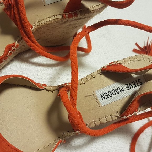 Steve Madden 6.5 M Espadrilles Pump Heel Orange Red Suede Like new ankle tie - Picture 2 of 6